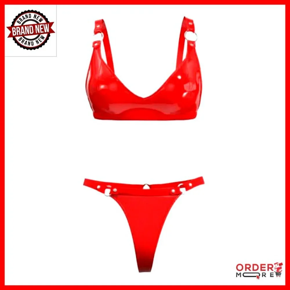 Shiny Latex Bra and Leather Shorts Lingerie Set Adjustable Sleepwear